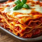 A close-up of a perfectly layered San Giorgio lasagna, featuring golden-brown melted cheese, rich marinara sauce, creamy ricotta, tender noodles, and seasoned ground beef, garnished with fresh basil and parmesan.