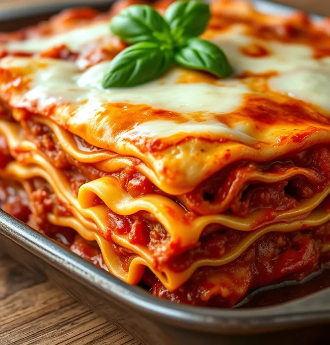 A close-up of a perfectly layered San Giorgio lasagna, featuring golden-brown melted cheese, rich marinara sauce, creamy ricotta, tender noodles, and seasoned ground beef, garnished with fresh basil and parmesan.