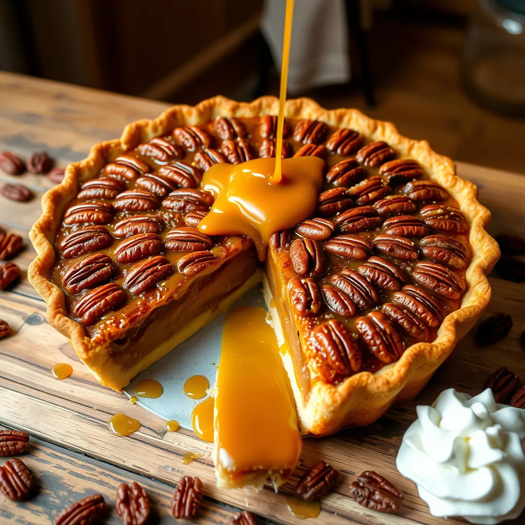 A decadent caramel pecan pie freshly baked, sitting on a rustic wooden table. The pie features a golden, flaky crust filled with a rich caramel filling, topped generously with glossy, toasted pecans. A warm drizzle of caramel sauce cascades over the top, creating a mouthwatering sheen. A slice of the pie is cut out, revealing the smooth, caramel-filled interior, with the pecans perfectly embedded. The pie is surrounded by scattered pecans, a dollop of whipped cream, and soft lighting that highlights the warm, inviting textures of the pie. The cozy kitchen background evokes a feeling of comfort and indulgence, perfect for a holiday or special occasion.