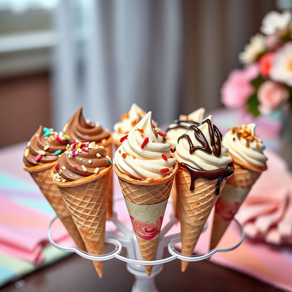 Close-up of mini ice cream cones filled with chocolate, vanilla, and strawberry scoops, topped with colorful sprinkles, crushed nuts, and drizzled chocolate, displayed on a decorative stand with a festive table setting in the background.