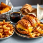 A cozy breakfast spread featuring a croissant sandwich with sausage, egg, and cheese, crispy hash browns, French Toast Sticks with syrup, and a steaming cup of coffee in warm natural light