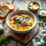 A bowl of creamy Parmesan Italian sausage soup with browned sausage, fresh spinach, and grated Parmesan, served with crusty bread on a rustic wooden table.